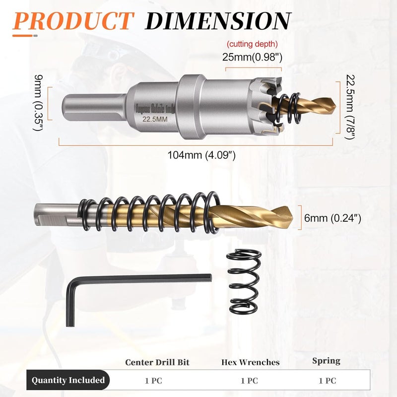 METALLIXITY Hole Saw 22.5mm (7/8"), Heavy Duty Tungsten Carbide with Center Drill Bit Hex Key Spring - Hole Cutters for Thick Stainless Steel Steel Metal Plates. Silver - Image 2